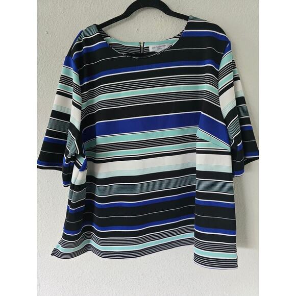 Liz Claiborne Blouse Women's 3X Plus Stripped Mixed Print Colorful Office Preppy - Picture 2 of 11